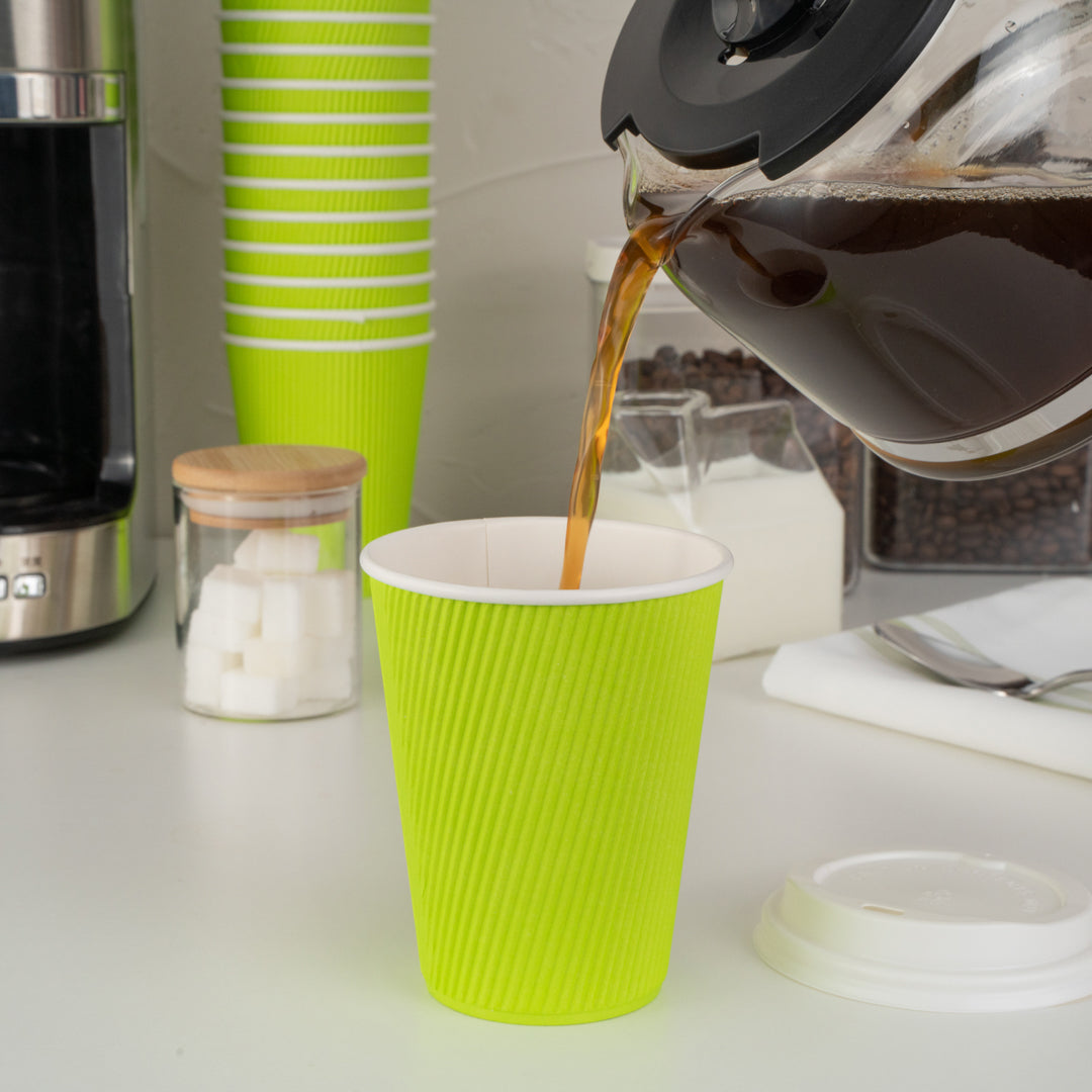 Restpresso 12 oz Eco Green Paper Ripple Wall Coffee Cup - with White Lid - 3 1/2" x 3 1/2" x 5" - 20 count box
