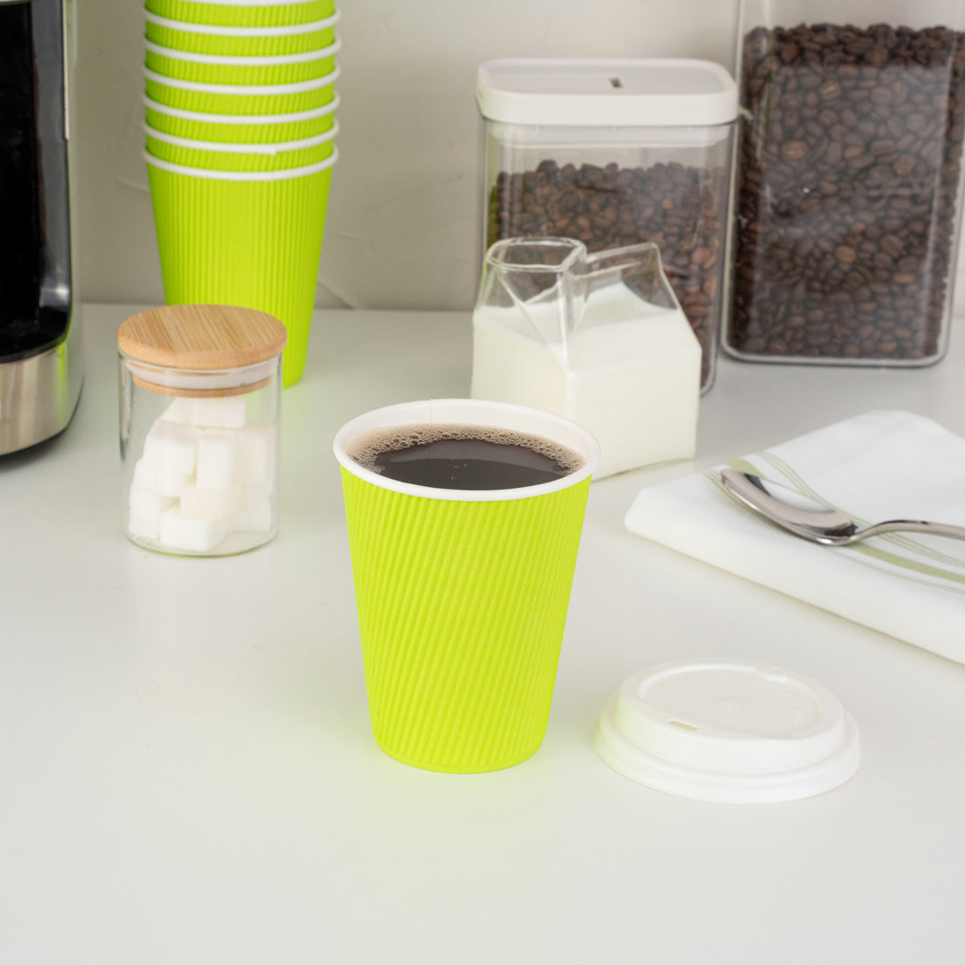 Restpresso 12 oz Eco Green Paper Ripple Wall Coffee Cup - with White Lid - 3 1/2" x 3 1/2" x 5" - 20 count box