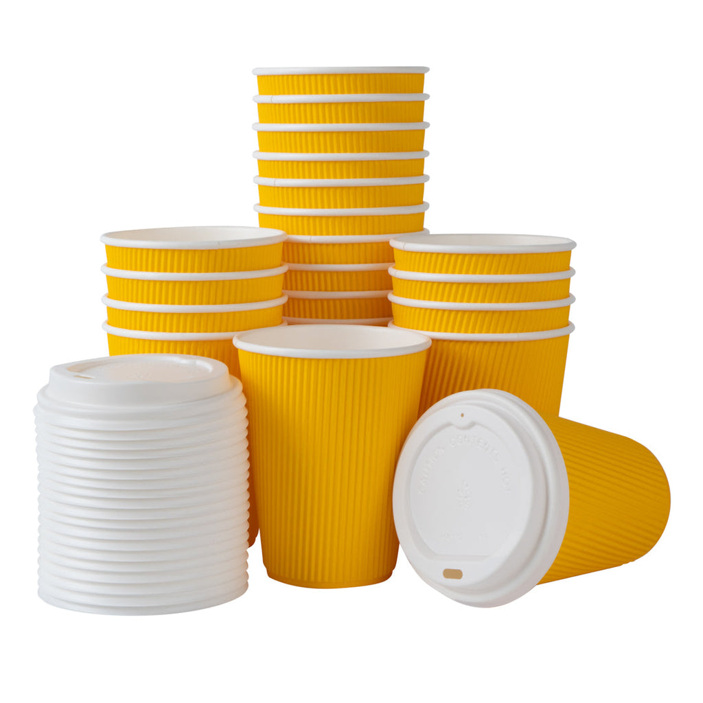 Restpresso 12 oz Yellow Paper Ripple Wall Coffee Cup - with White Lid - 3 1/2" x 3 1/2" x 5" - 200 count box