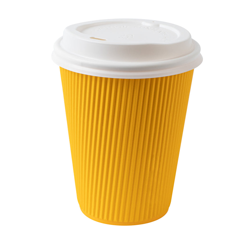 Restpresso 12 oz Yellow Paper Ripple Wall Coffee Cup - with White Lid - 3 1/2" x 3 1/2" x 5" - 20 count box