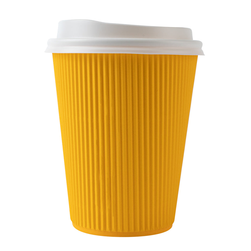 Restpresso 12 oz Yellow Paper Ripple Wall Coffee Cup - with White Lid - 3 1/2" x 3 1/2" x 5" - 20 count box