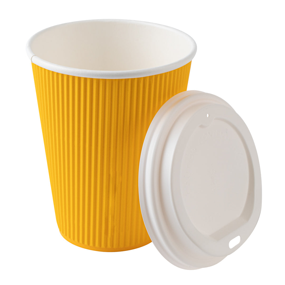 Restpresso 12 oz Yellow Paper Ripple Wall Coffee Cup - with White Lid - 3 1/2" x 3 1/2" x 5" - 20 count box