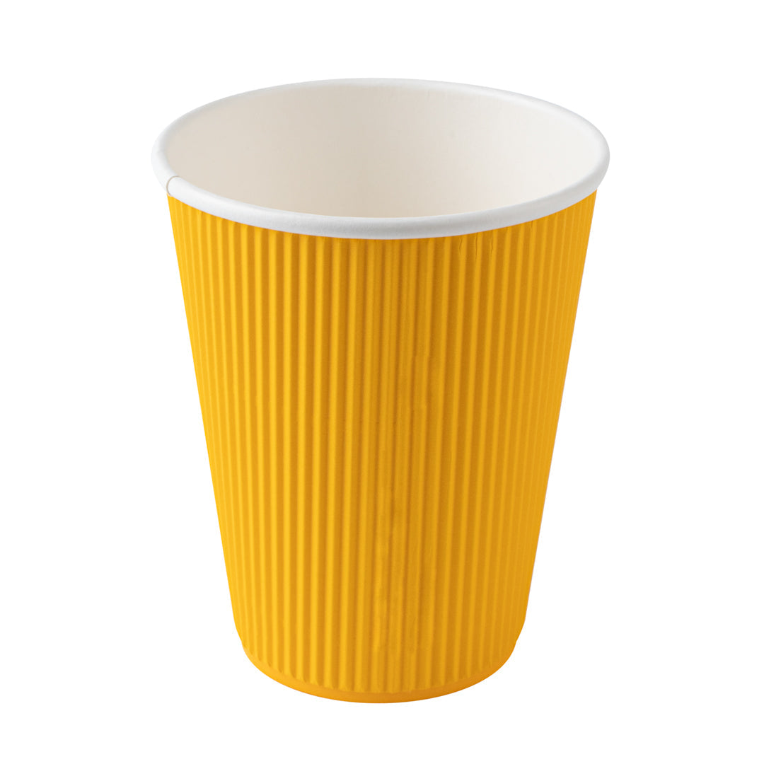 Restpresso 12 oz Yellow Paper Ripple Wall Coffee Cup - with White Lid - 3 1/2" x 3 1/2" x 5" - 20 count box