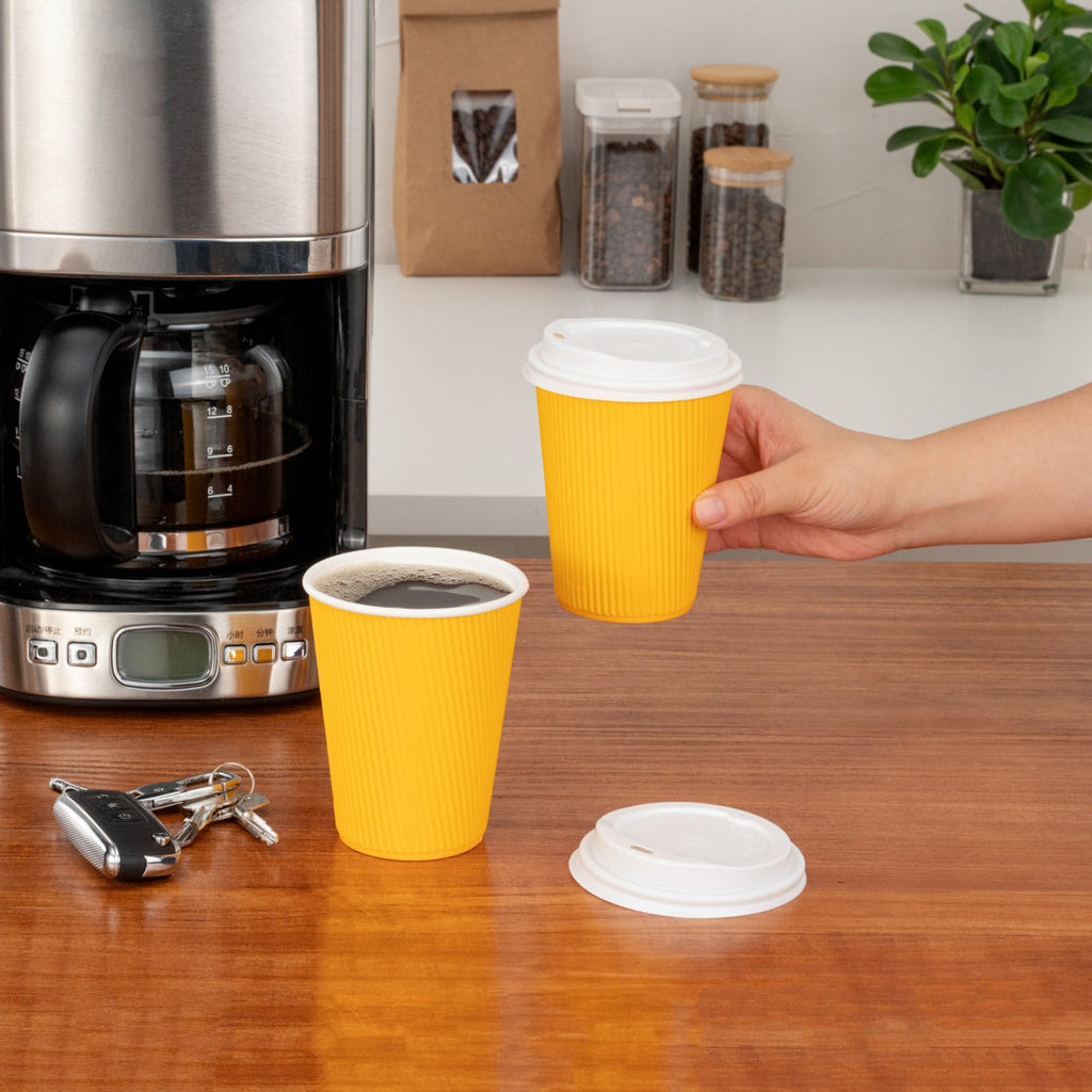 Restpresso 12 oz Yellow Paper Ripple Wall Coffee Cup - with White Lid - 3 1/2" x 3 1/2" x 5" - 200 count box