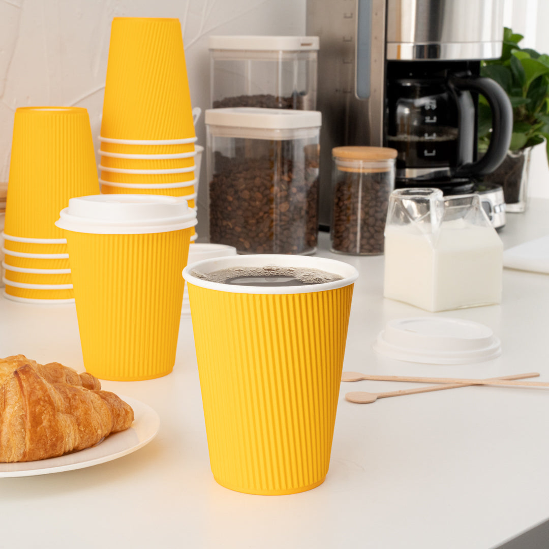 Restpresso 12 oz Yellow Paper Ripple Wall Coffee Cup - with White Lid - 3 1/2" x 3 1/2" x 5" - 200 count box