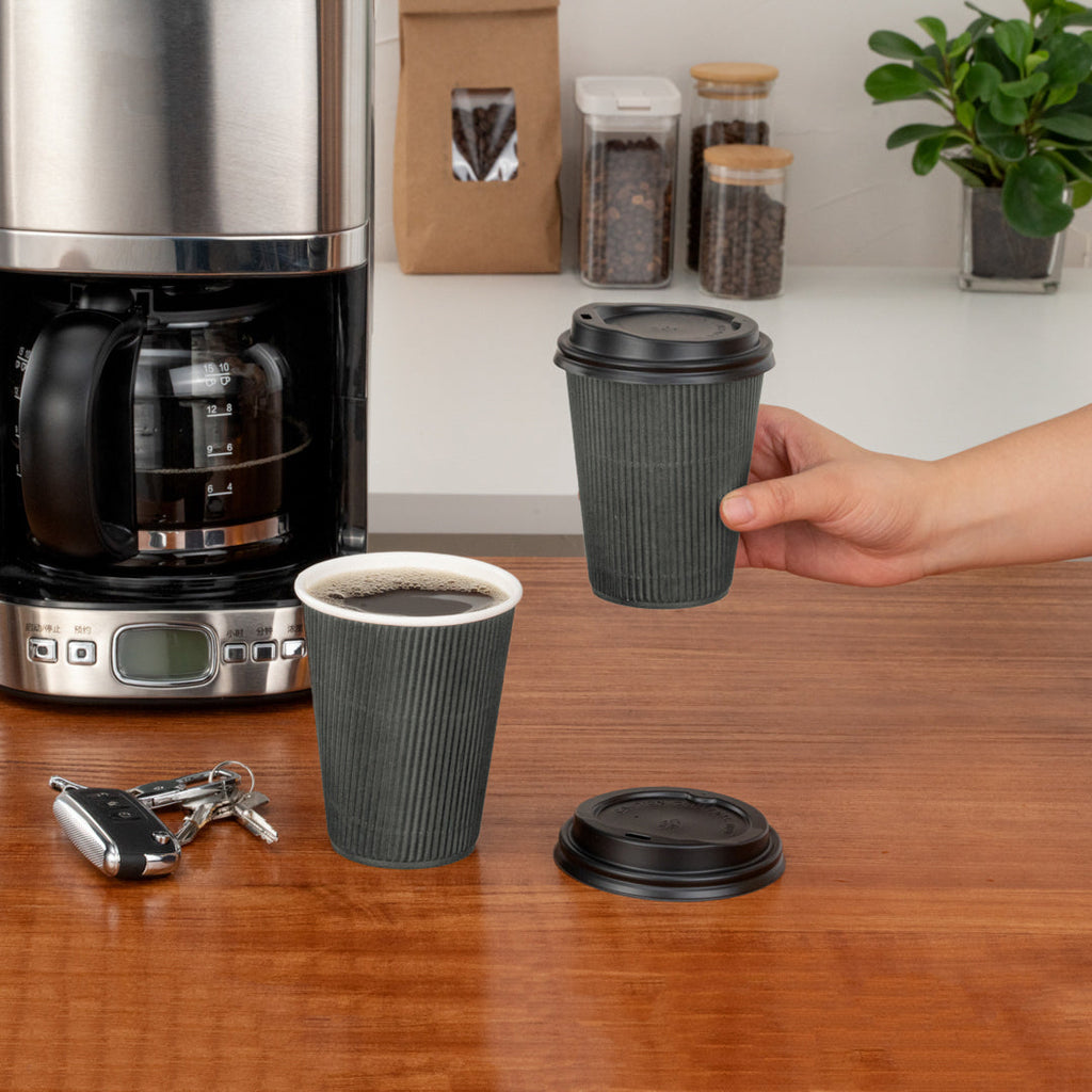 Restpresso 12 oz Gray Paper Ripple Wall Coffee Cup - with Black Lid - 3 1/2" x 3 1/2" x 5" - 200 count box