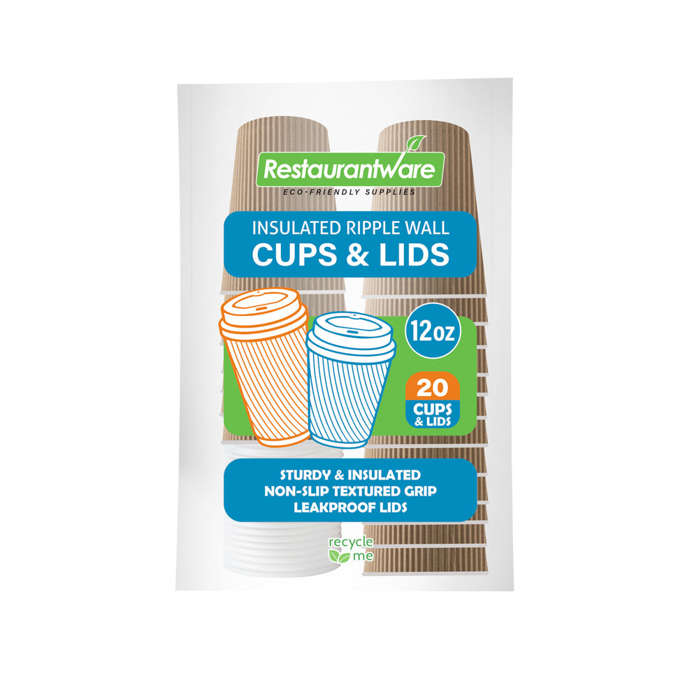 Restpresso 12 oz Kraft Paper Ripple Wall Coffee Cup - with White Lid - 3 1/2" x 3 1/2" x 5" - 20 count box