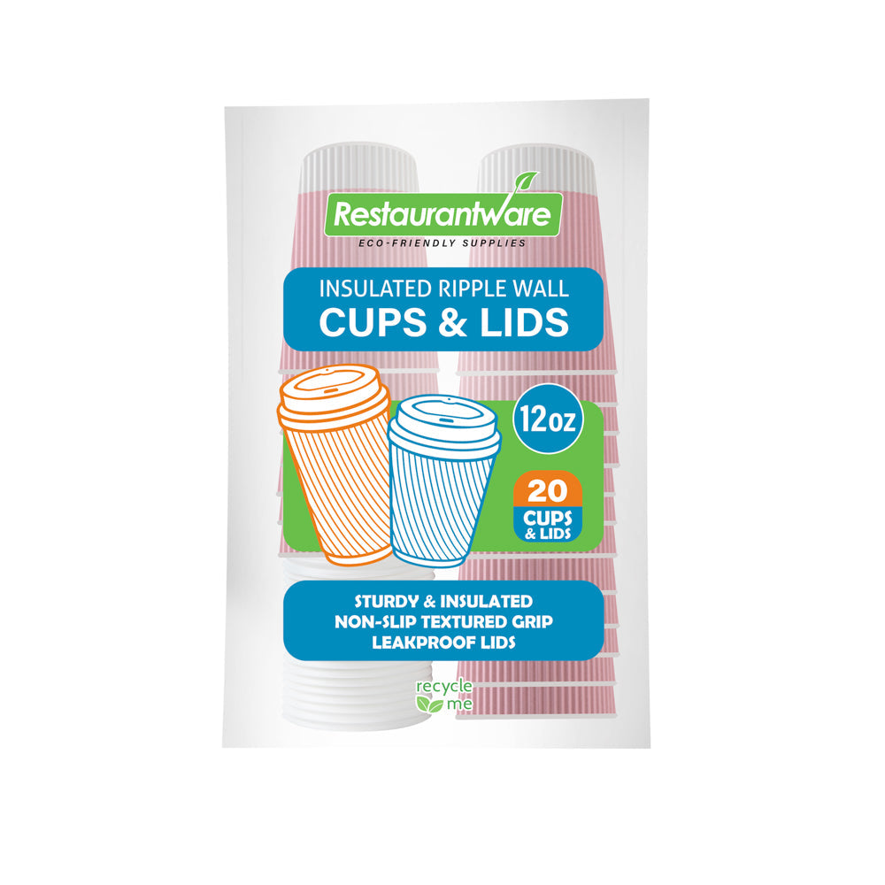 Restpresso 12 oz Light Pink Paper Ripple Wall Coffee Cup - with White Lid - 3 1/2" x 3 1/2" x 5" - 20 count box