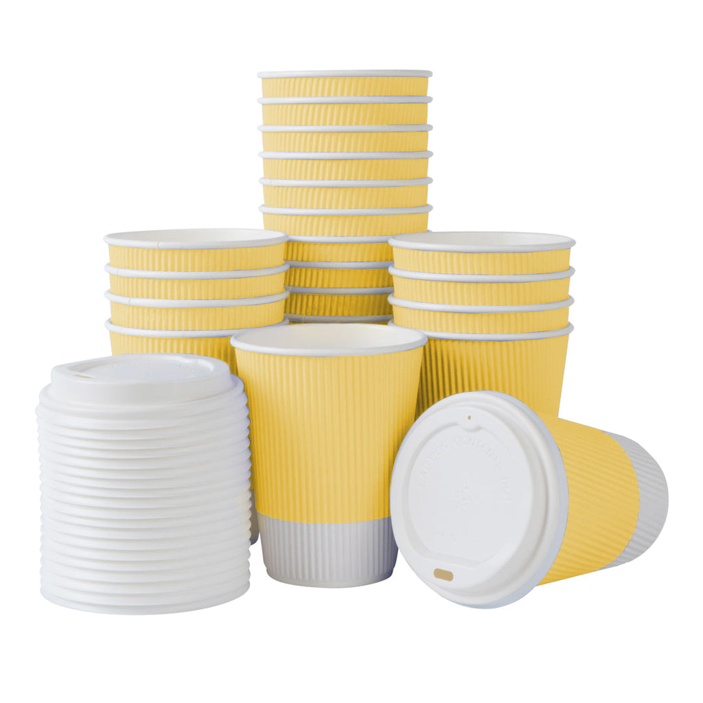 Restpresso 12 oz Light Yellow Paper Ripple Wall Coffee Cup - with White Lid - 3 1/2" x 3 1/2" x 5" - 200 count box