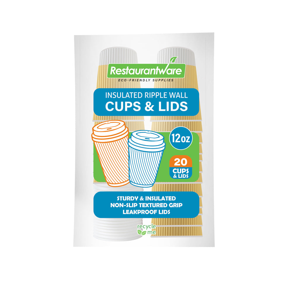 Restpresso 12 oz Light Yellow Paper Ripple Wall Coffee Cup - with White Lid - 3 1/2" x 3 1/2" x 5" - 20 count box
