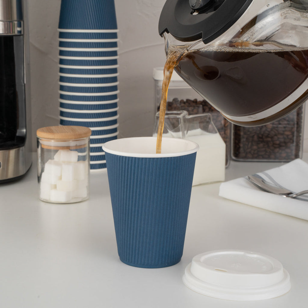 Restpresso 12 oz Midnight Blue Paper Ripple Wall Coffee Cup - with White Lid - 3 1/2" x 3 1/2" x 5" - 20 count box