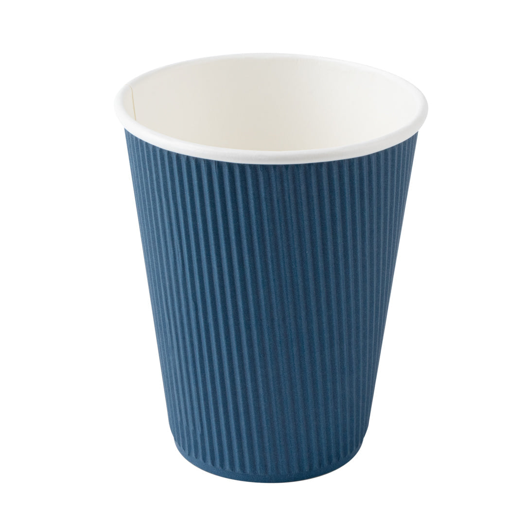 Restpresso 12 oz Midnight Blue Paper Ripple Wall Coffee Cup - with White Lid - 3 1/2" x 3 1/2" x 5" - 20 count box