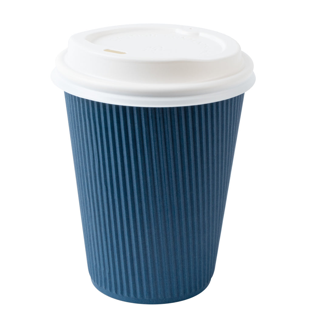 Restpresso 12 oz Midnight Blue Paper Ripple Wall Coffee Cup - with White Lid - 3 1/2" x 3 1/2" x 5" - 200 count box