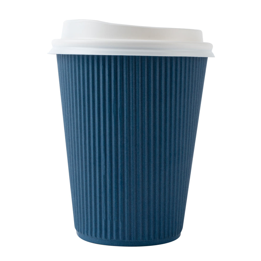 Restpresso 12 oz Midnight Blue Paper Ripple Wall Coffee Cup - with White Lid - 3 1/2" x 3 1/2" x 5" - 200 count box