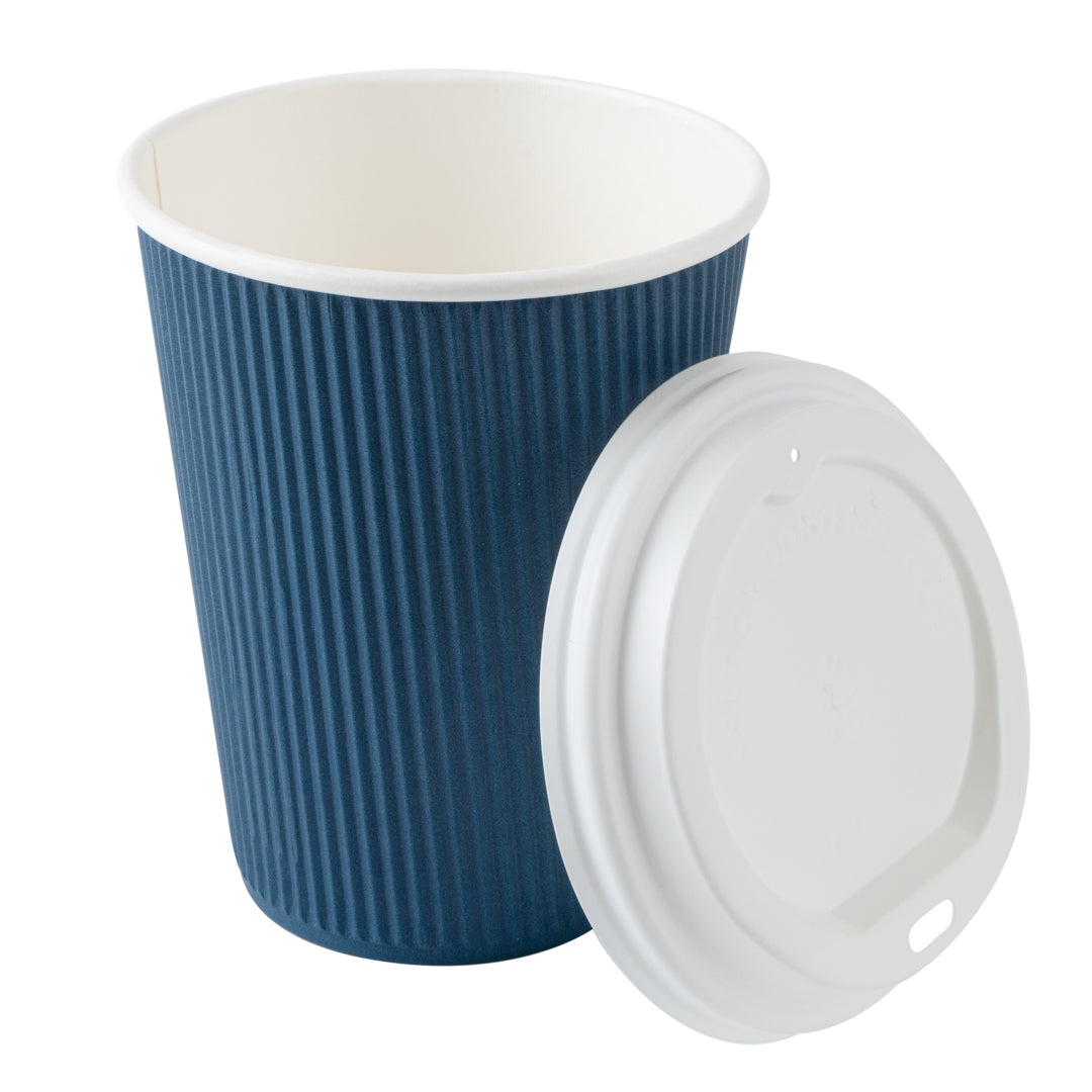 Restpresso 12 oz Midnight Blue Paper Ripple Wall Coffee Cup - with White Lid - 3 1/2" x 3 1/2" x 5" - 200 count box