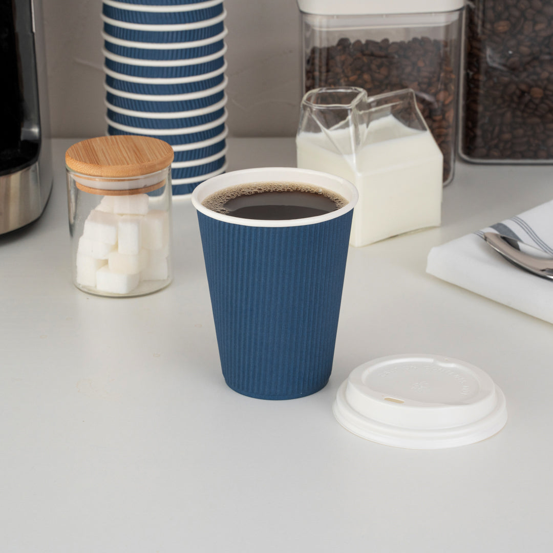 Restpresso 12 oz Midnight Blue Paper Ripple Wall Coffee Cup - with White Lid - 3 1/2" x 3 1/2" x 5" - 200 count box