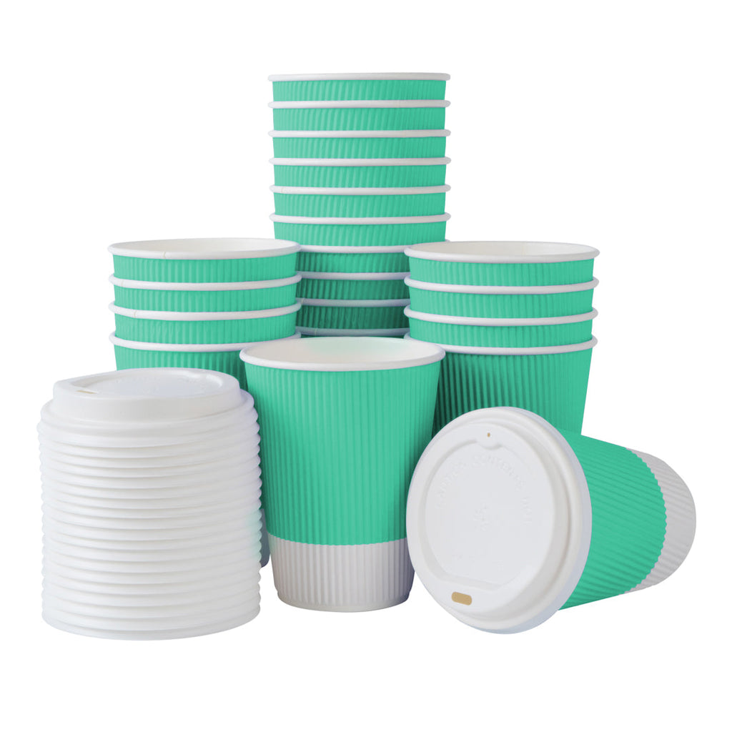 Restpresso 12 oz Light Green Paper Ripple Wall Coffee Cup - with White Lid - 3 1/2" x 3 1/2" x 5" - 200 count box