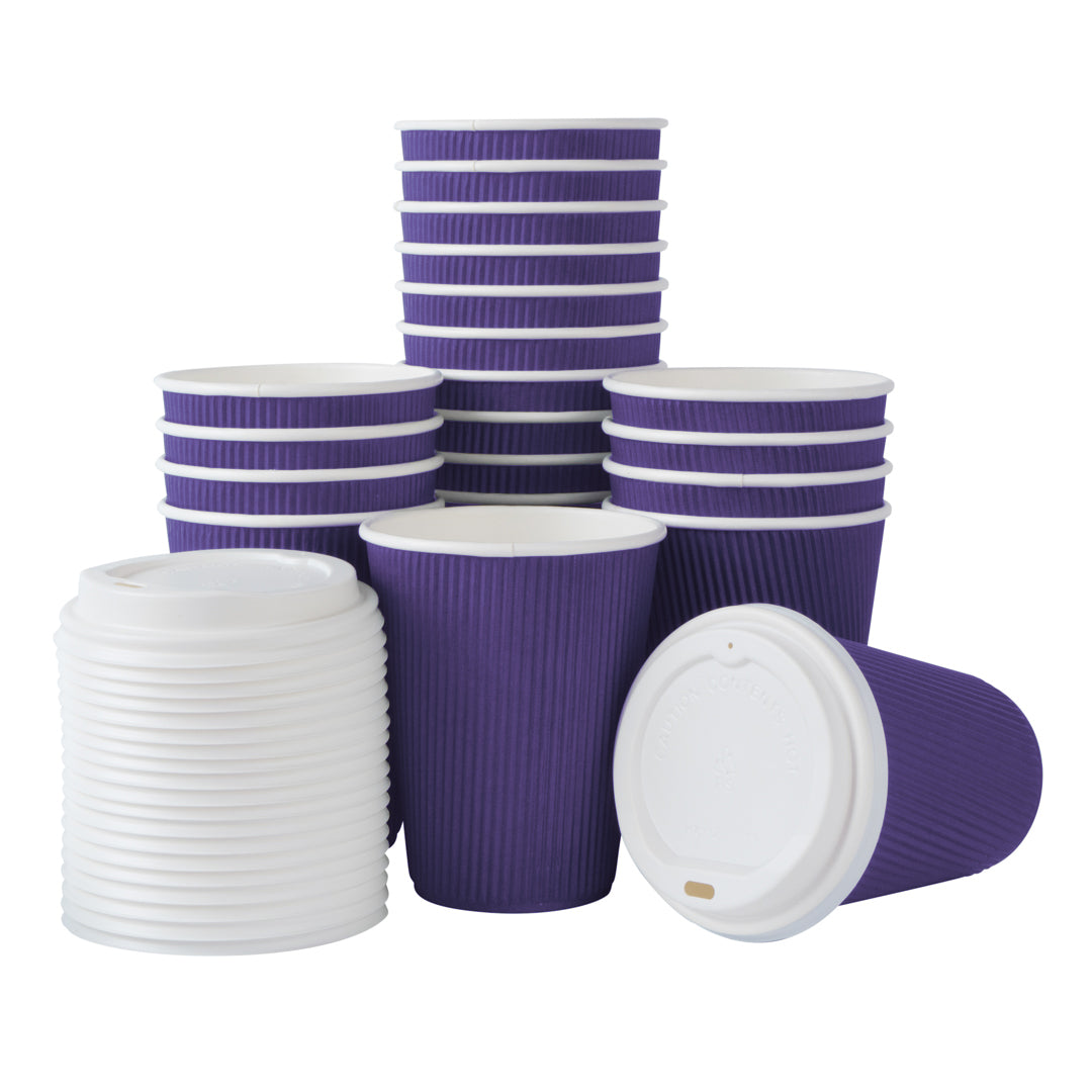 Restpresso 12 oz Royal Purple Paper Ripple Wall Coffee Cup - with White Lid - 3 1/2" x 3 1/2" x 5" - 200 count box