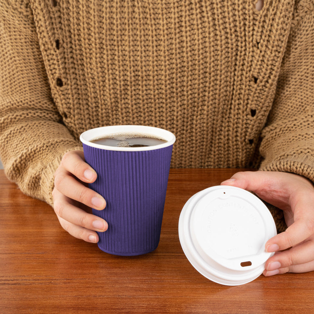 Restpresso 12 oz Royal Purple Paper Ripple Wall Coffee Cup - with White Lid - 3 1/2" x 3 1/2" x 5" - 200 count box