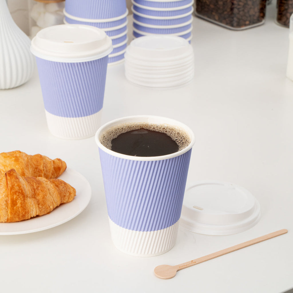 Restpresso 12 oz Light Purple Paper Ripple Wall Coffee Cup - with White Lid - 3 1/2" x 3 1/2" x 5" - 200 count box