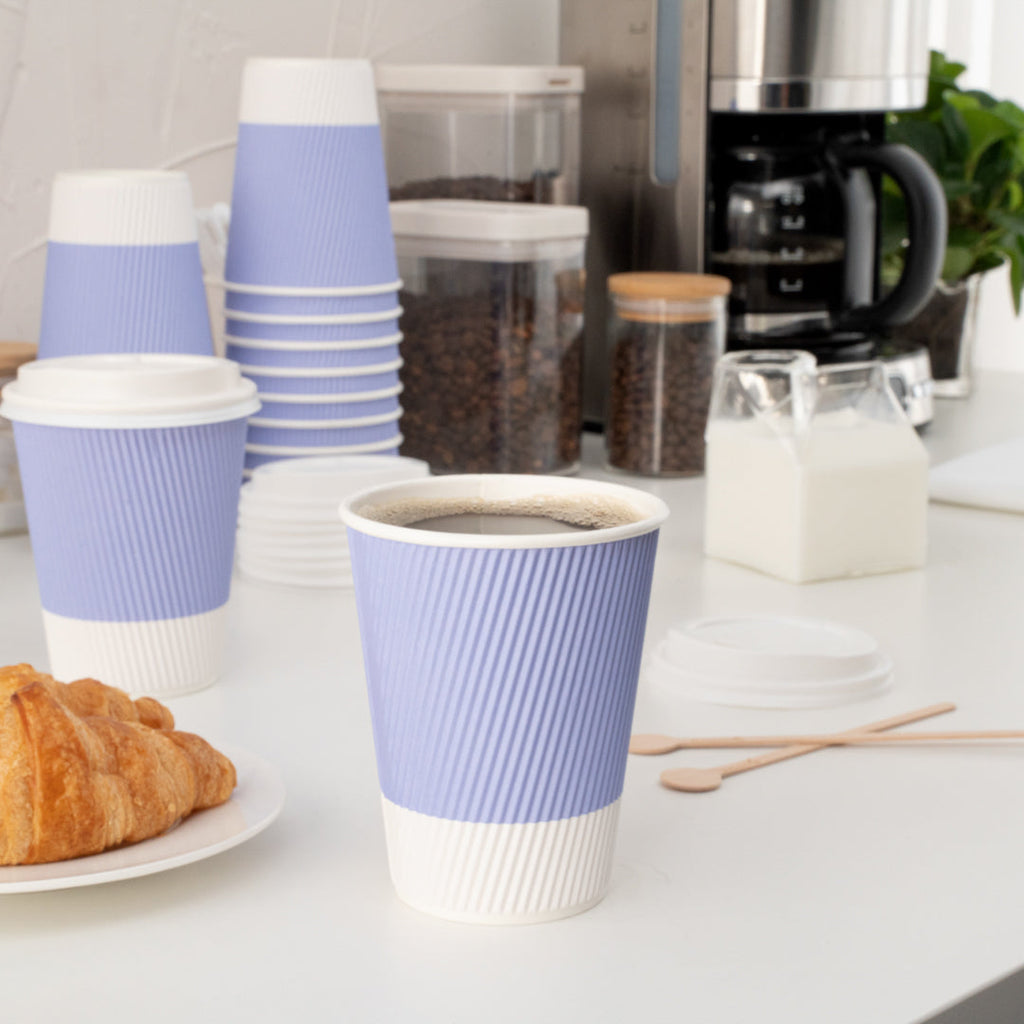 Restpresso 12 oz Light Purple Paper Ripple Wall Coffee Cup - with White Lid - 3 1/2" x 3 1/2" x 5" - 200 count box