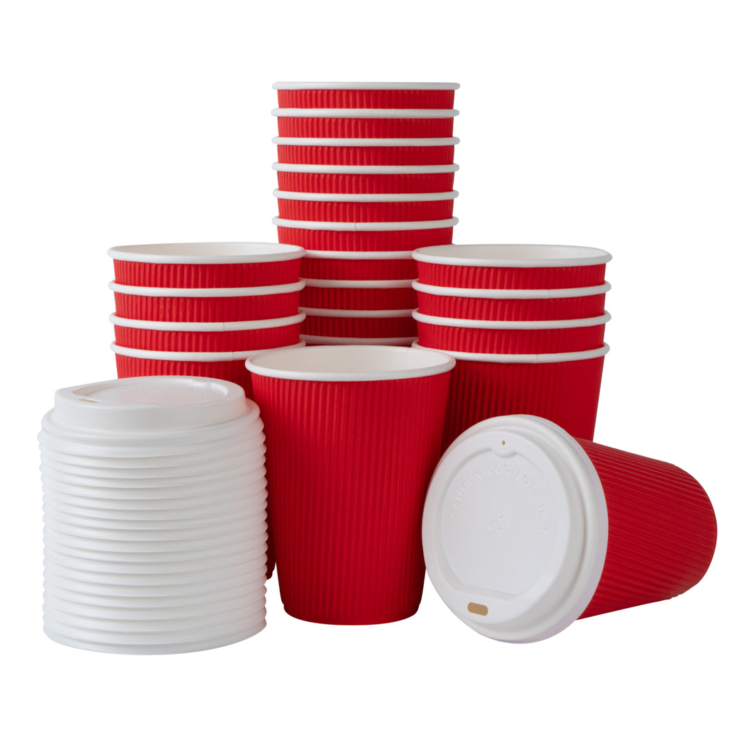 Restpresso 12 oz Red Paper Ripple Wall Coffee Cup - with White Lid - 3 1/2" x 3 1/2" x 5" - 20 count box