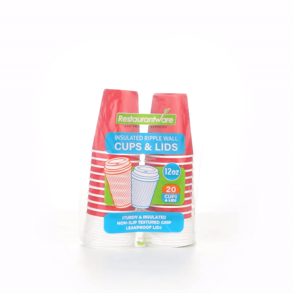 Restpresso 12 oz Red Paper Ripple Wall Coffee Cup - with White Lid - 3 1/2" x 3 1/2" x 5" - 20 count box