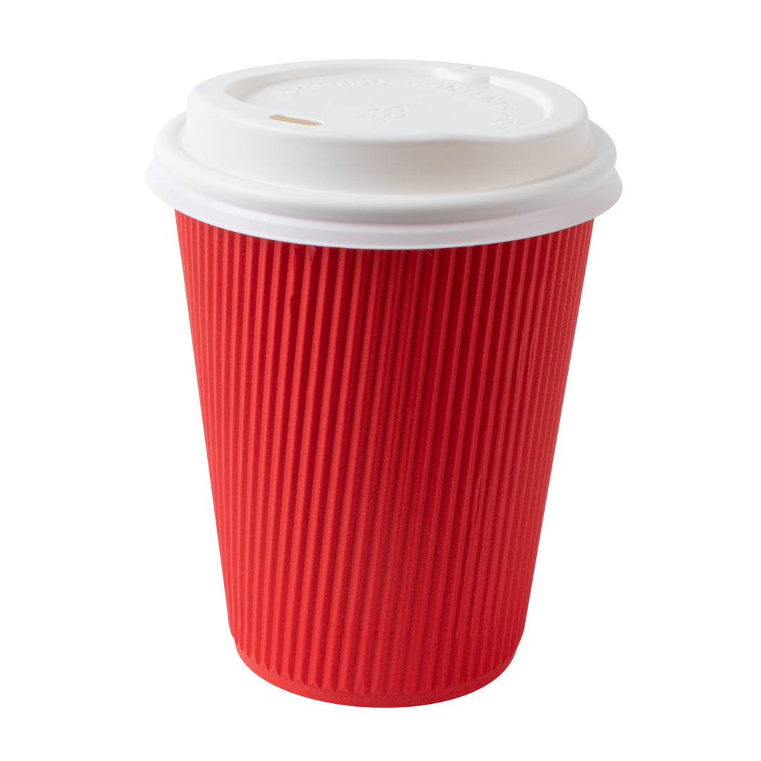 Restpresso 12 oz Red Paper Ripple Wall Coffee Cup - with White Lid - 3 1/2" x 3 1/2" x 5" - 20 count box