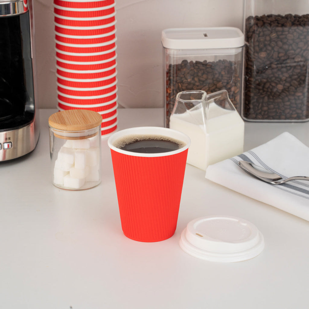 Restpresso 12 oz Red Paper Ripple Wall Coffee Cup - with White Lid - 3 1/2" x 3 1/2" x 5" - 20 count box