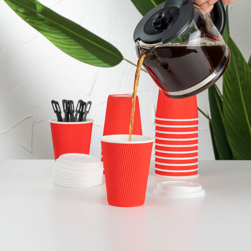 Restpresso 12 oz Red Paper Ripple Wall Coffee Cup - with White Lid - 3 1/2" x 3 1/2" x 5" - 20 count box