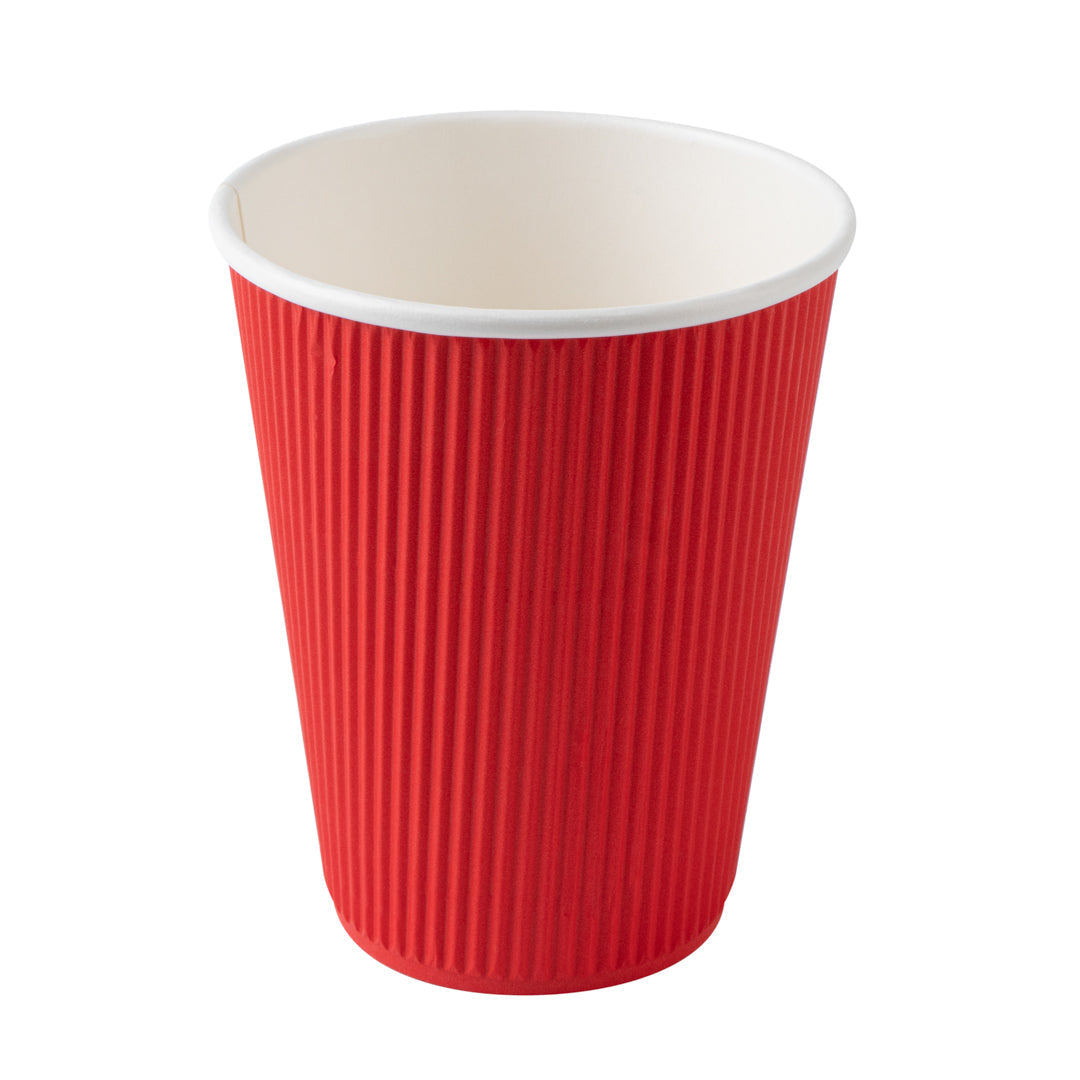 Restpresso 12 oz Red Paper Ripple Wall Coffee Cup - with White Lid - 3 1/2" x 3 1/2" x 5" - 200 count box