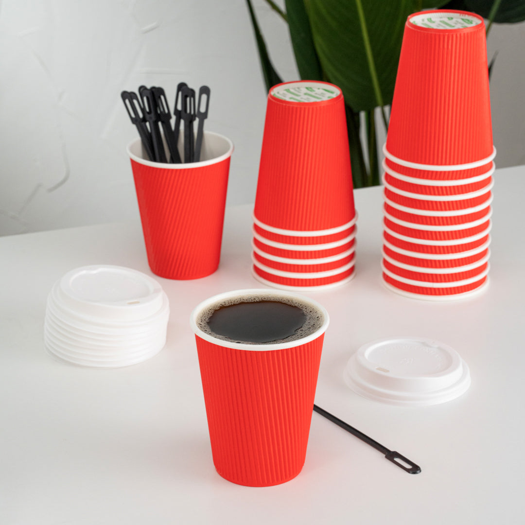Restpresso 12 oz Red Paper Ripple Wall Coffee Cup - with White Lid - 3 1/2" x 3 1/2" x 5" - 200 count box