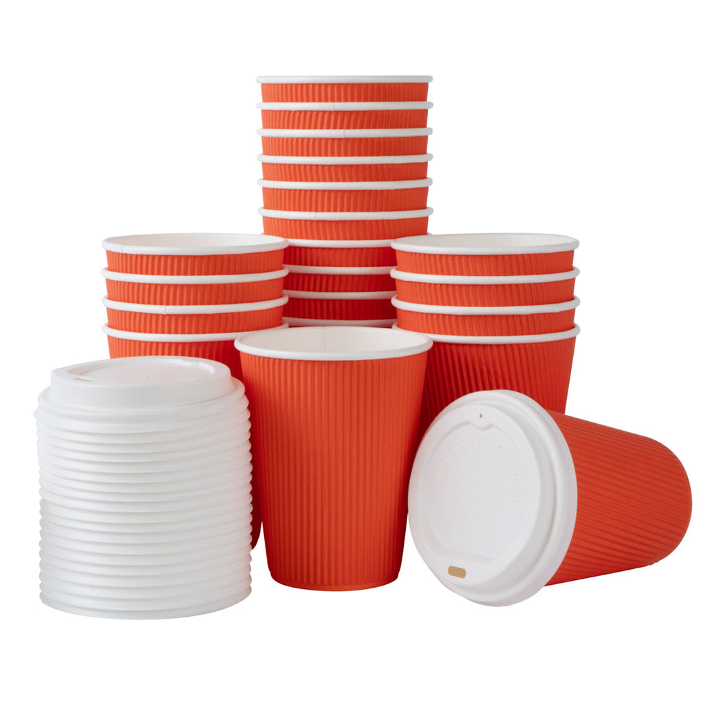 Restpresso 12 oz Tangerine Orange Paper Ripple Wall Coffee Cup - with White Lid - 3 1/2" x 3 1/2" x 5" - 200 count box