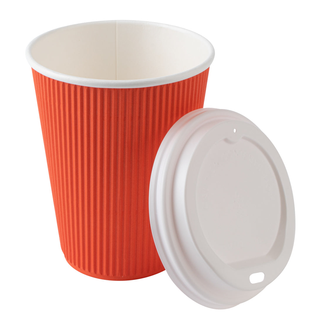 Restpresso 12 oz Tangerine Orange Paper Ripple Wall Coffee Cup - with White Lid - 3 1/2" x 3 1/2" x 5" - 200 count box