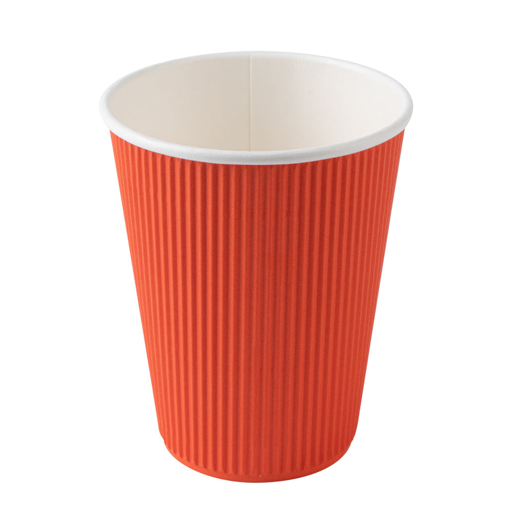 Restpresso 12 oz Tangerine Orange Paper Ripple Wall Coffee Cup - with White Lid - 3 1/2" x 3 1/2" x 5" - 200 count box