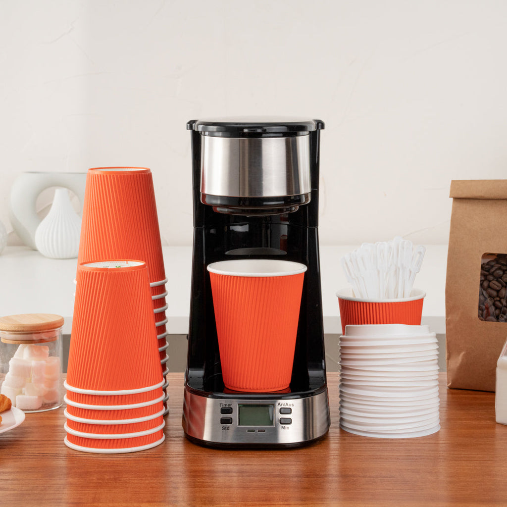 Restpresso 12 oz Tangerine Orange Paper Ripple Wall Coffee Cup - with White Lid - 3 1/2" x 3 1/2" x 5" - 200 count box