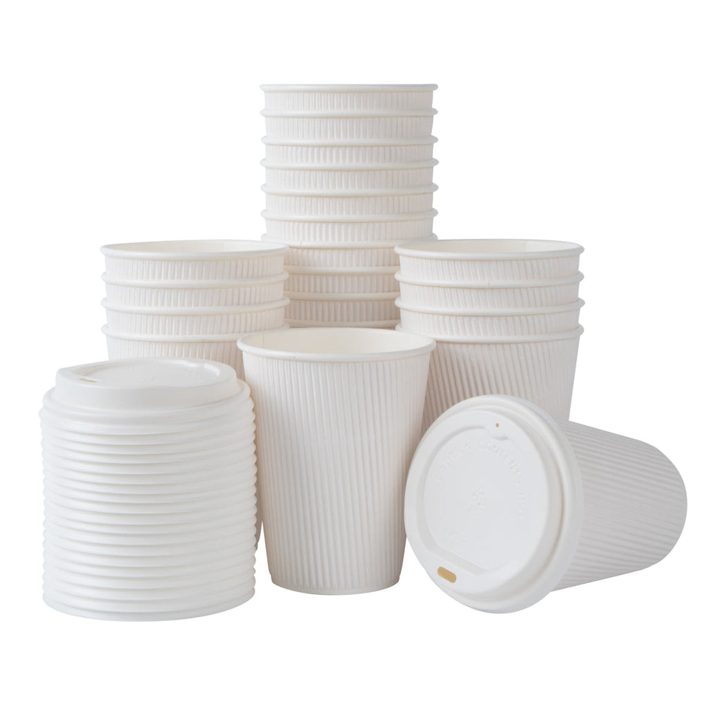Restpresso 12 oz White Paper Ripple Wall Coffee Cup - with White Lid - 3 1/2" x 3 1/2" x 5" - 200 count box