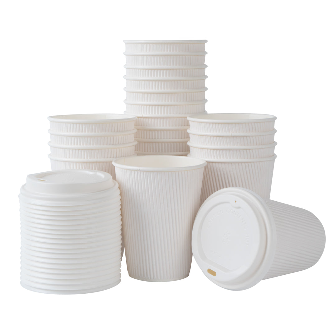 Restpresso 12 oz White Paper Ripple Wall Coffee Cup - with White Lid - 3 1/2" x 3 1/2" x 5" - 200 count box