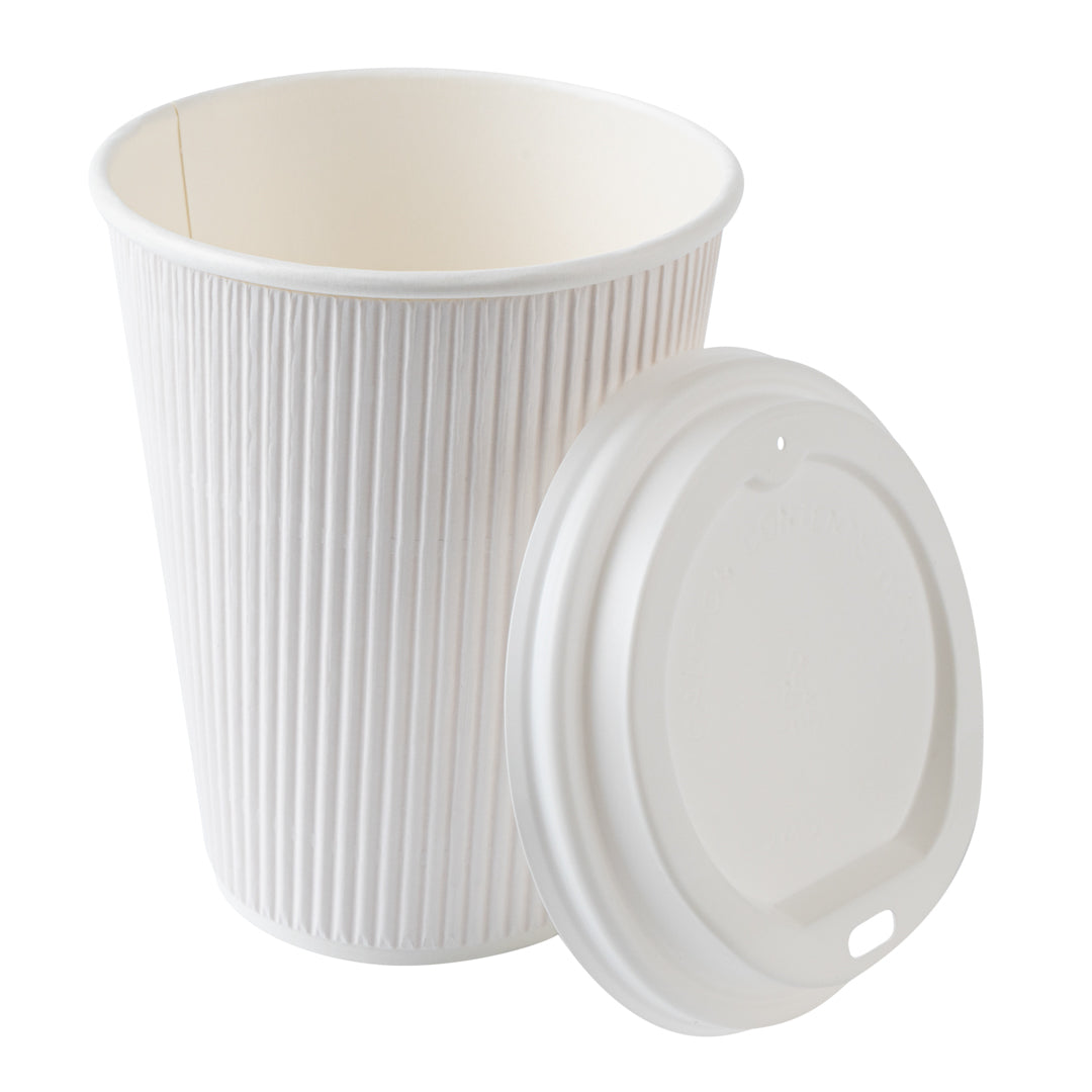 Restpresso 12 oz White Paper Ripple Wall Coffee Cup - with White Lid - 3 1/2" x 3 1/2" x 5" - 20 count box