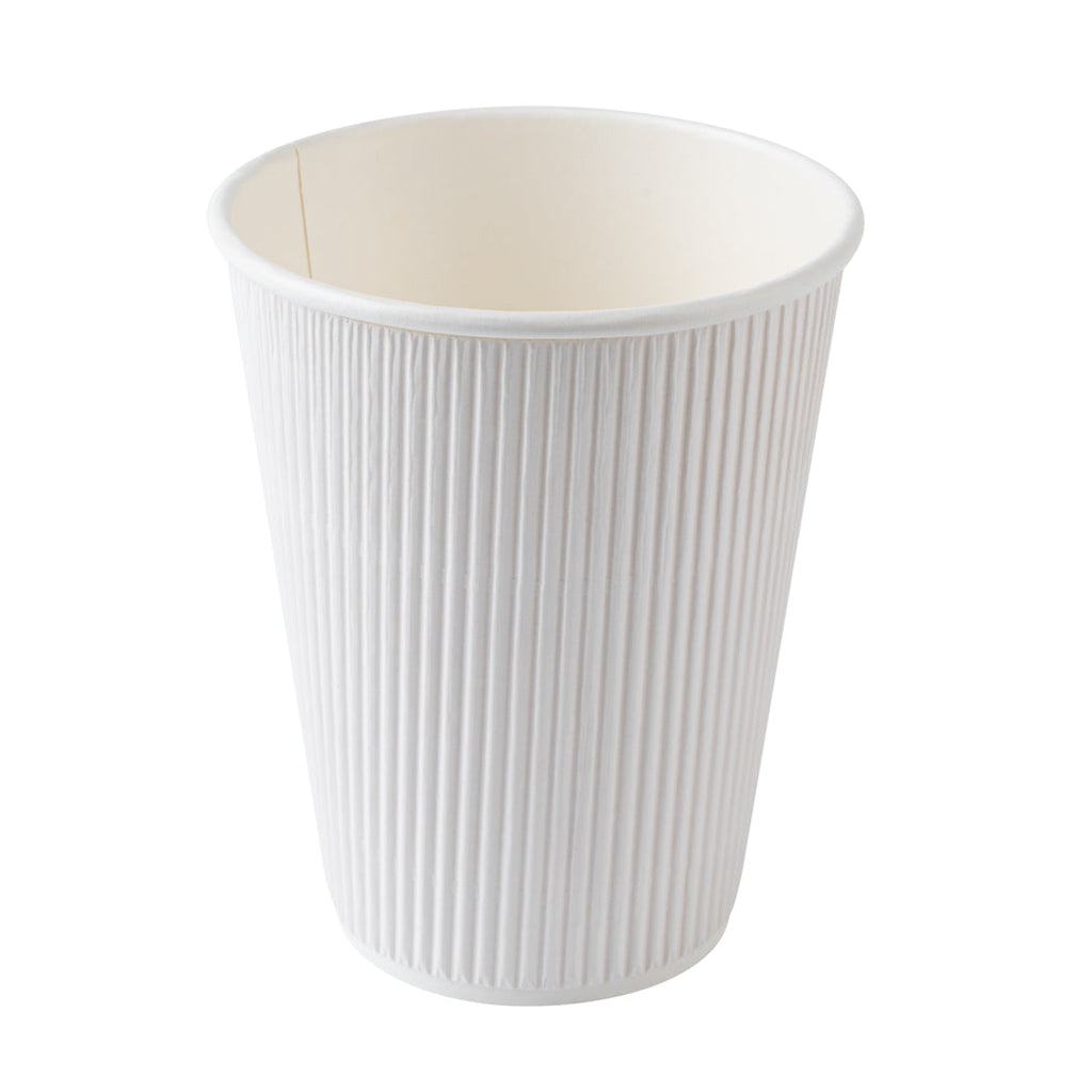 Restpresso 12 oz White Paper Ripple Wall Coffee Cup - with White Lid - 3 1/2" x 3 1/2" x 5" - 20 count box