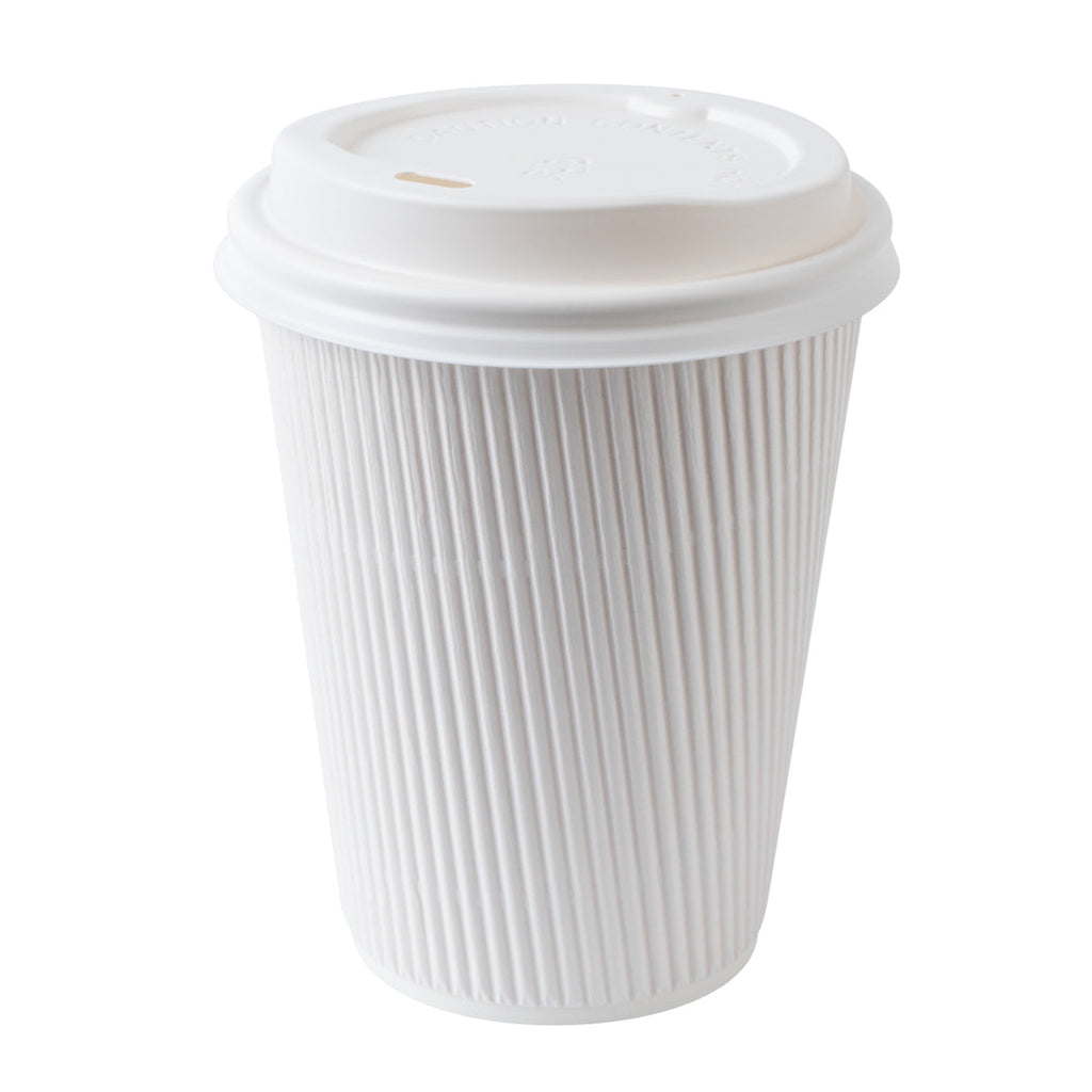 Restpresso 12 oz White Paper Ripple Wall Coffee Cup - with White Lid - 3 1/2" x 3 1/2" x 5" - 200 count box
