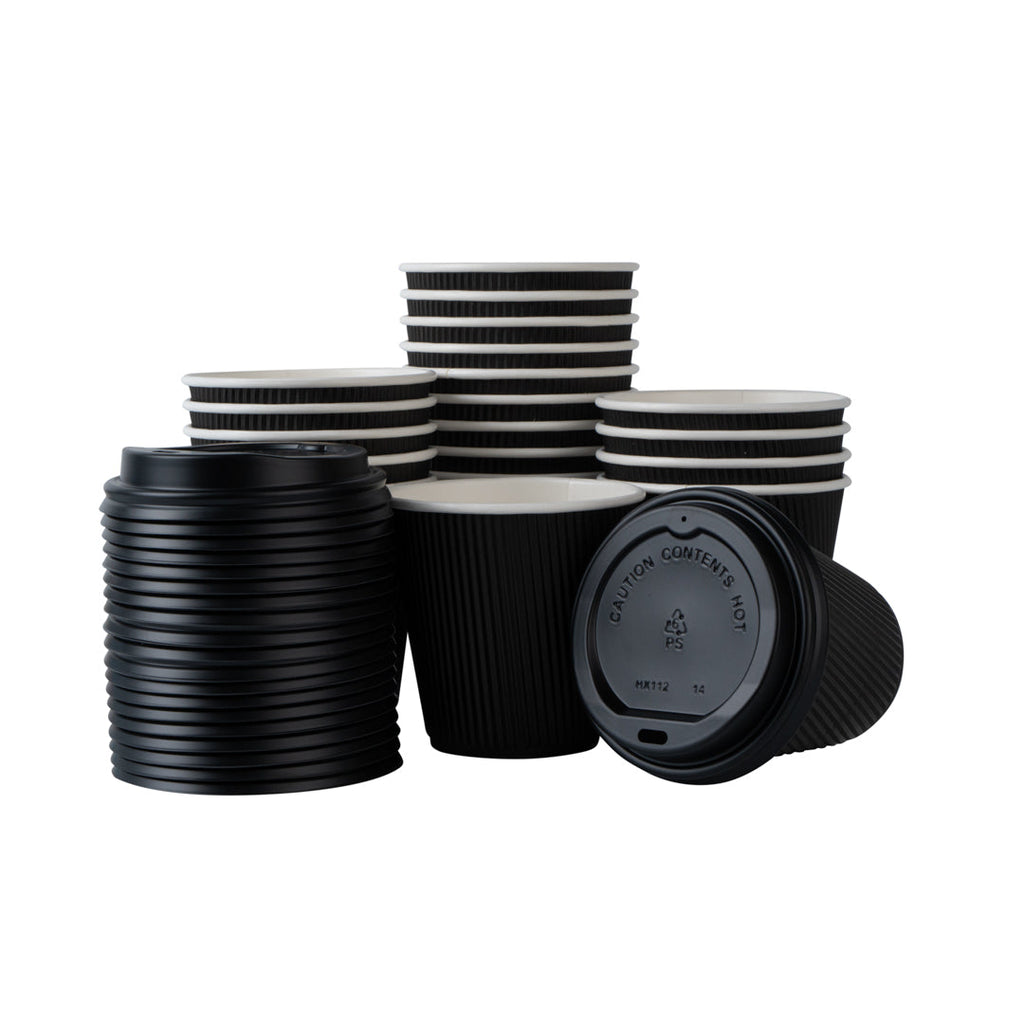 Restpresso 8 oz Black Paper Ripple Wall Coffee Cup - with Black Lid - 3 1/2" x 3 1/2" x 4" - 400 count box