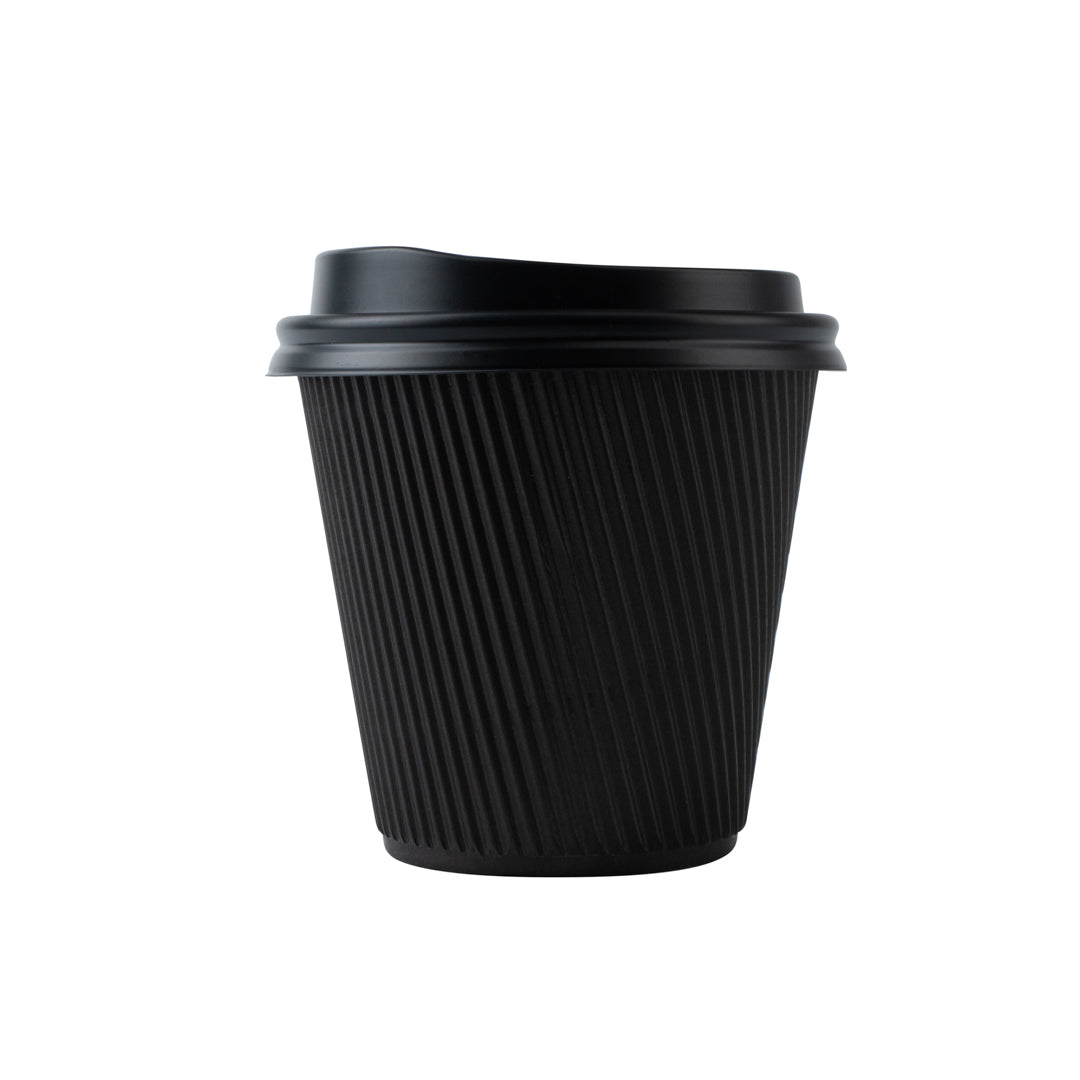 Restpresso 8 oz Black Paper Ripple Wall Coffee Cup - with Black Lid - 3 1/2" x 3 1/2" x 4" - 20 count box