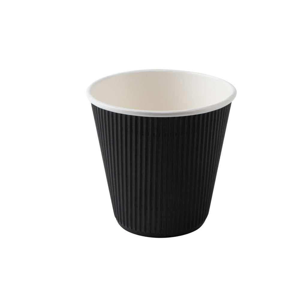 Restpresso 8 oz Black Paper Ripple Wall Coffee Cup - with Black Lid - 3 1/2" x 3 1/2" x 4" - 20 count box