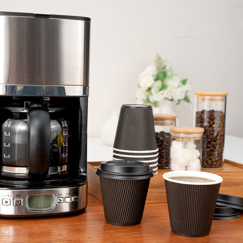 Restpresso 8 oz Black Paper Ripple Wall Coffee Cup - with Black Lid - 3 1/2" x 3 1/2" x 4" - 20 count box