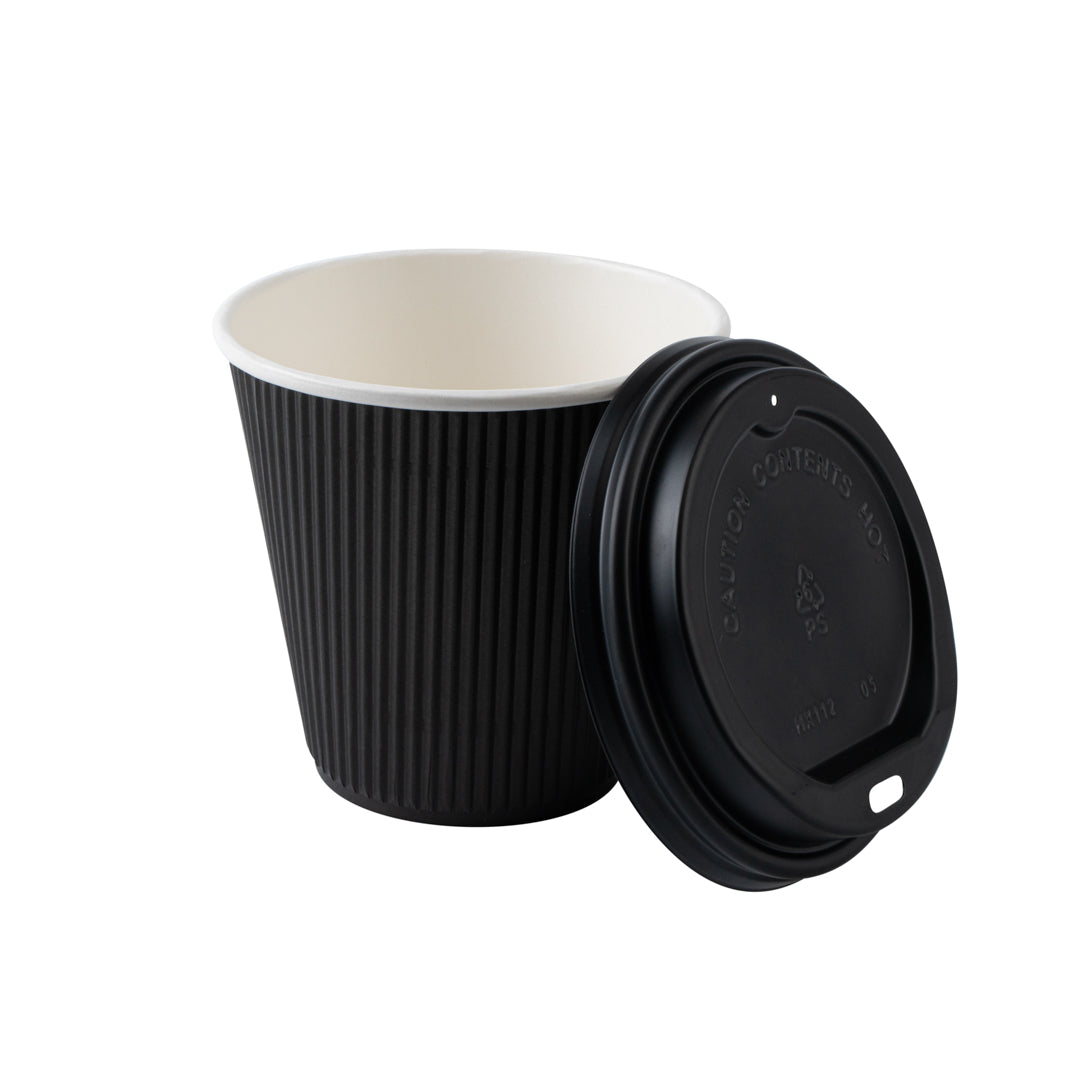 Restpresso 8 oz Black Paper Ripple Wall Coffee Cup - with Black Lid - 3 1/2" x 3 1/2" x 4" - 400 count box