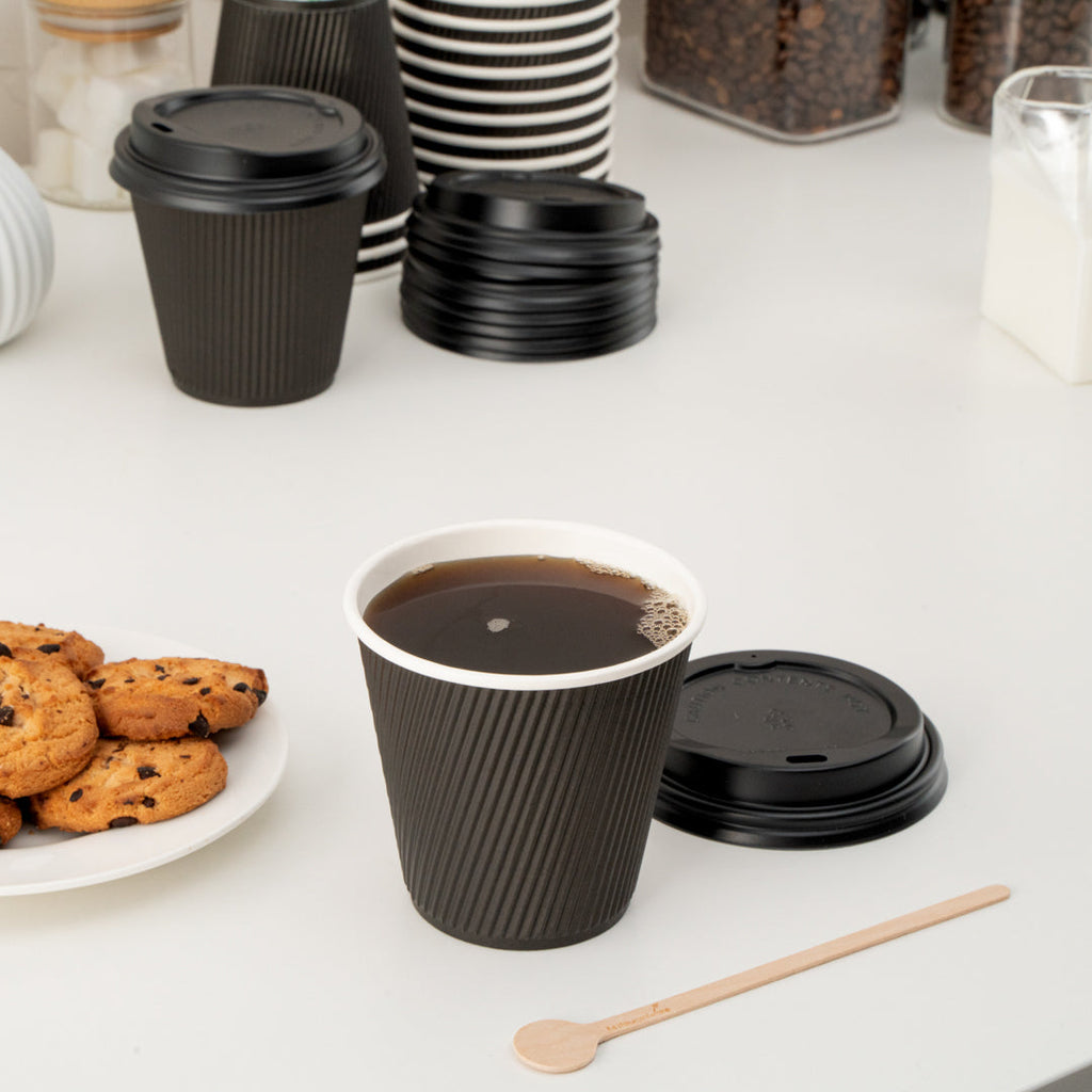 Restpresso 8 oz Black Paper Ripple Wall Coffee Cup - with Black Lid - 3 1/2" x 3 1/2" x 4" - 400 count box