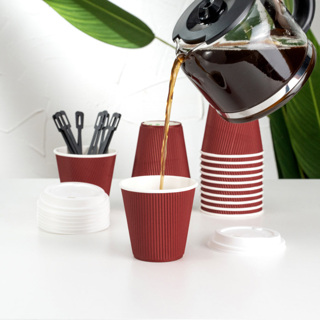 Restpresso 8 oz Crimson Paper Ripple Wall Coffee Cup - with White Lid - 3 1/2" x 3 1/2" x 4" - 20 count box