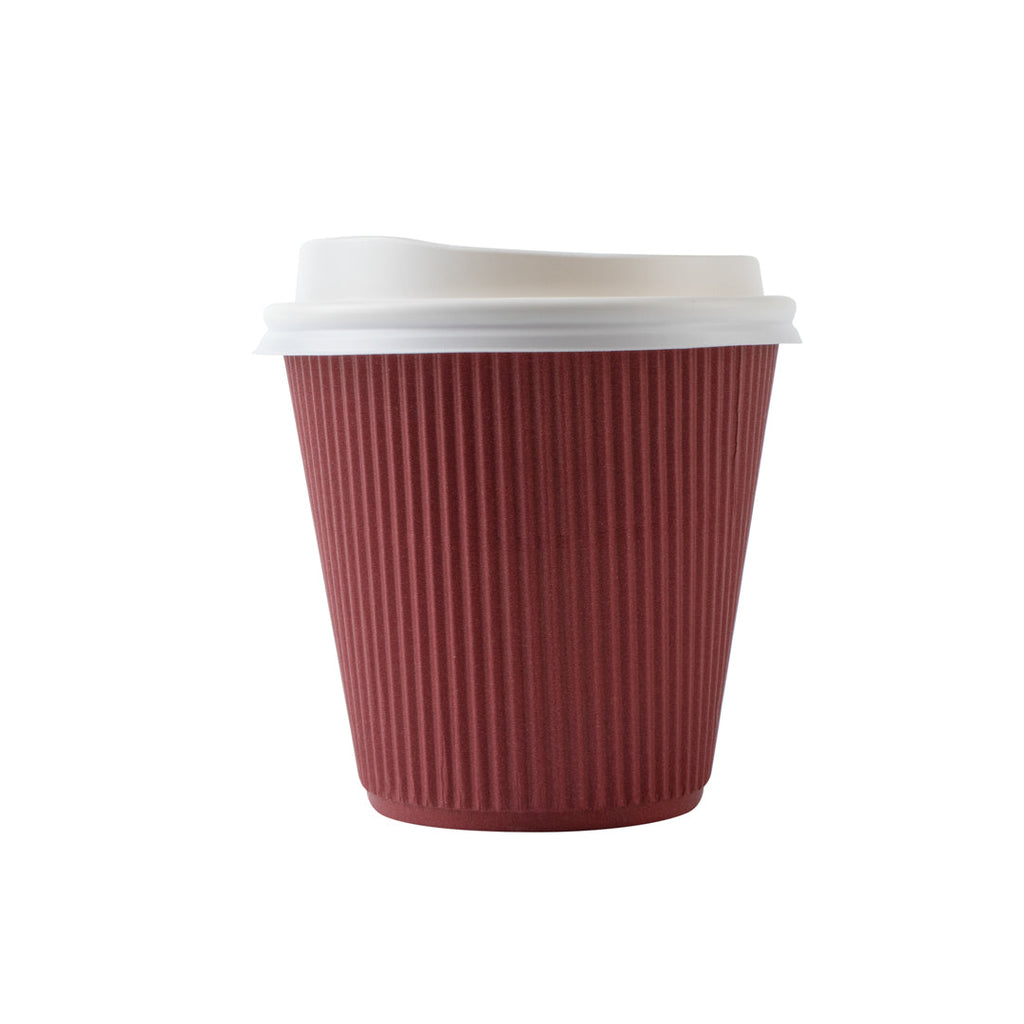 Restpresso 8 oz Crimson Paper Ripple Wall Coffee Cup - with White Lid - 3 1/2" x 3 1/2" x 4" - 20 count box