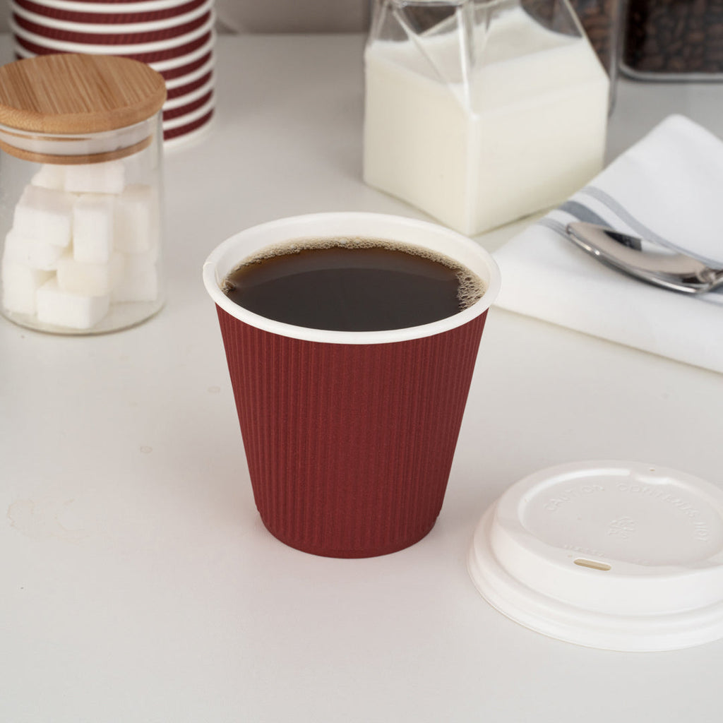 Restpresso 8 oz Crimson Paper Ripple Wall Coffee Cup - with White Lid - 3 1/2" x 3 1/2" x 4" - 20 count box